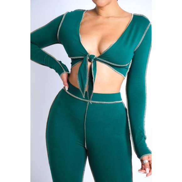 Women's Stitch Detailed Tie Front Long Sleeves Top And Matching Leggings Set - Picture 1 of 11